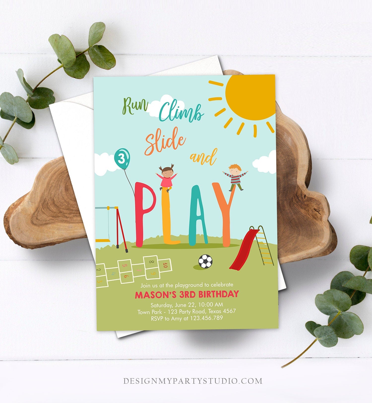 Editable Playground Birthday Invitation Party In The Park Boy Blue Run Climb Slide and Play Download Printable Template Corjl Digital 0327