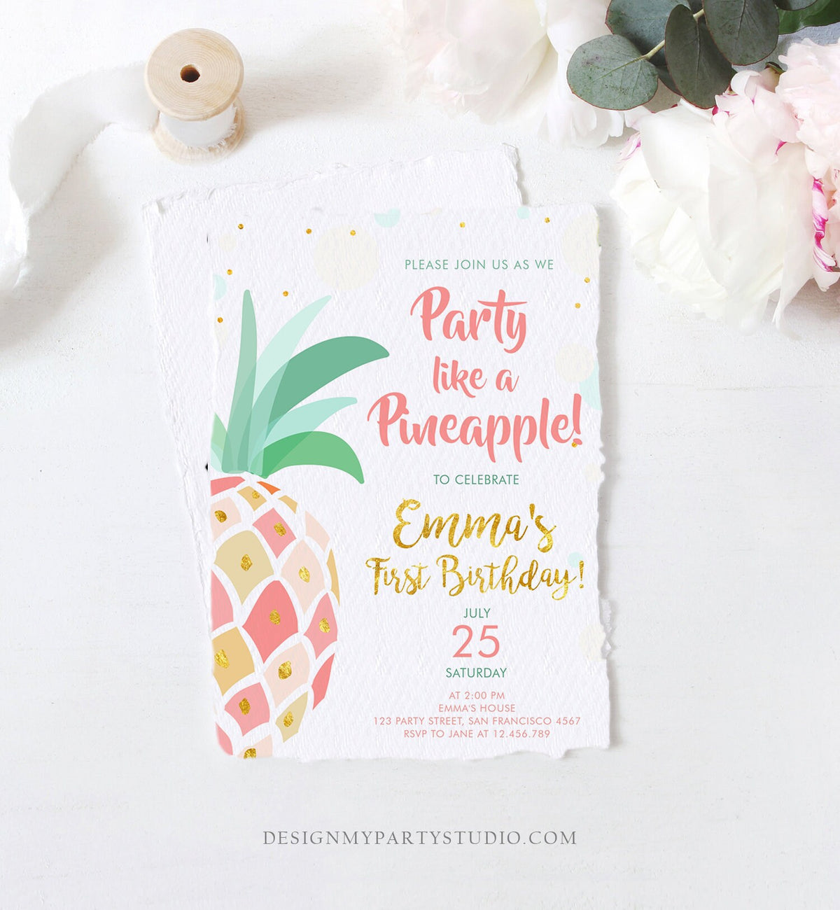 Editable Pineapple Birthday Invitation Party like a Pineapple Aloha Tropical Luau Party Girl First Birthday Gold Pink Corjl Template 0202
