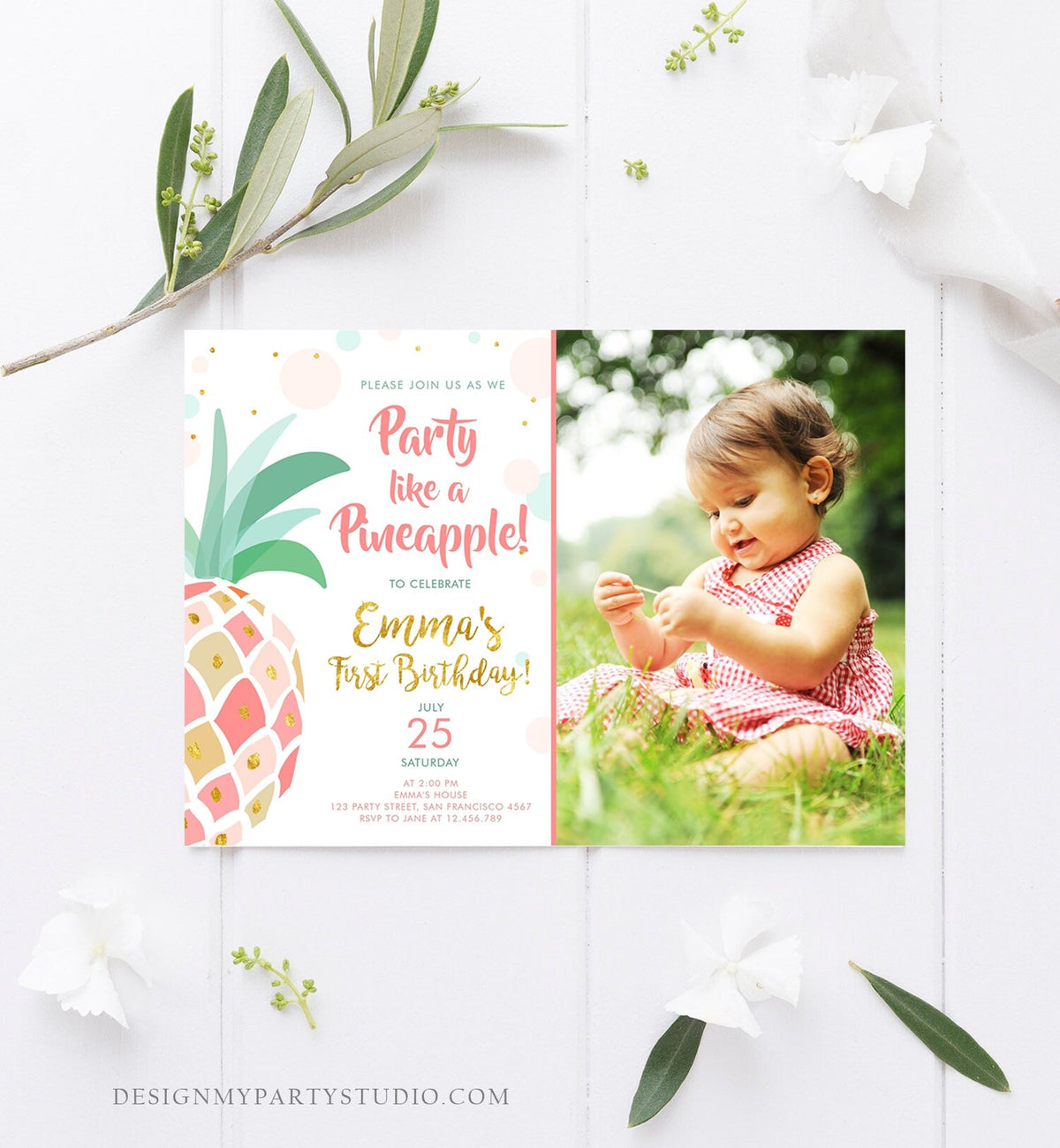 Editable Pineapple Birthday Invitation Party like a Pineapple Aloha Tropical Luau Party Girl First Birthday Gold Pink Corjl Template 0202