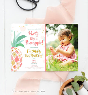 Editable Pineapple Birthday Invitation Party like a Pineapple Aloha Tropical Luau Party Girl First Birthday Gold Pink Corjl Template 0202