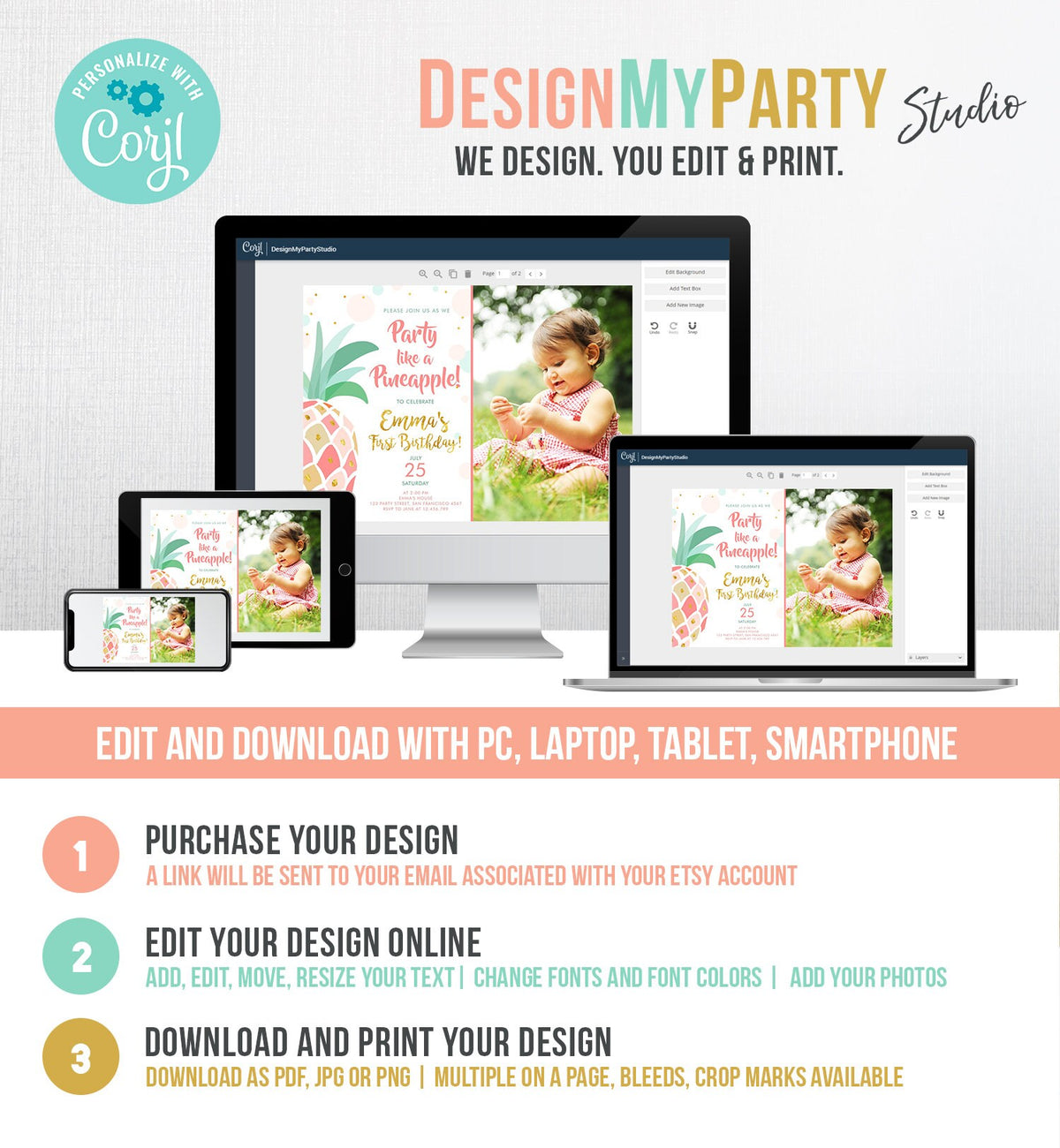 Editable Pineapple Birthday Invitation Party like a Pineapple Aloha Tropical Luau Party Girl First Birthday Gold Pink Corjl Template 0202