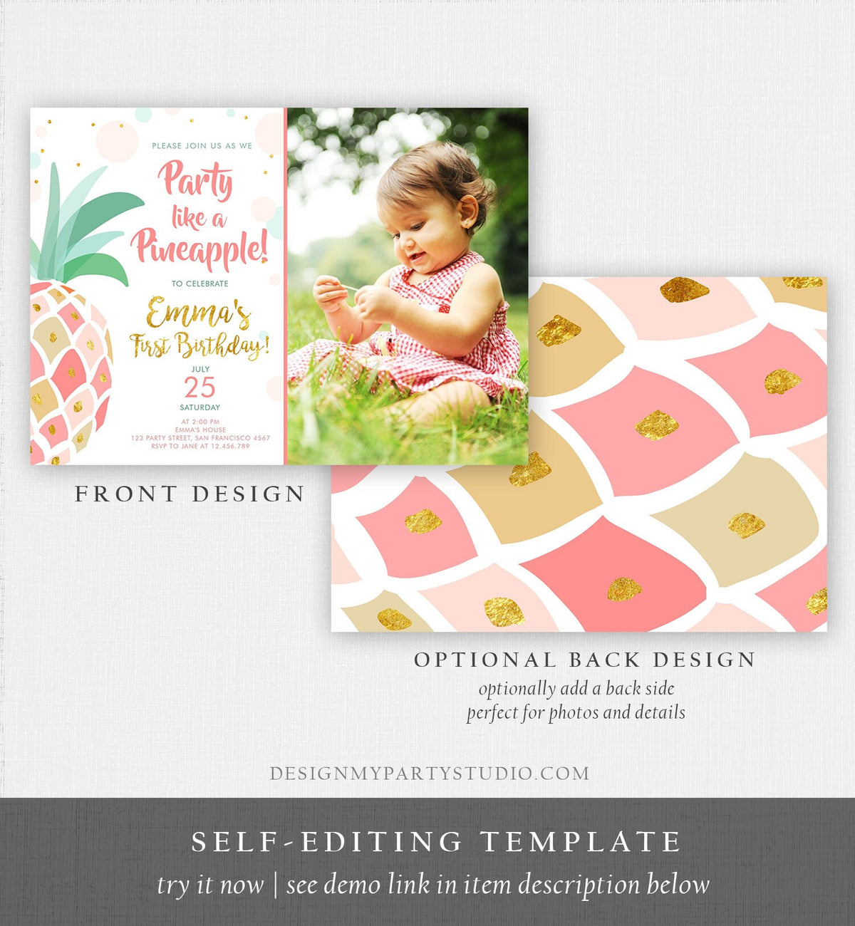Editable Pineapple Birthday Invitation Party like a Pineapple Aloha Tropical Luau Party Girl First Birthday Gold Pink Corjl Template 0202