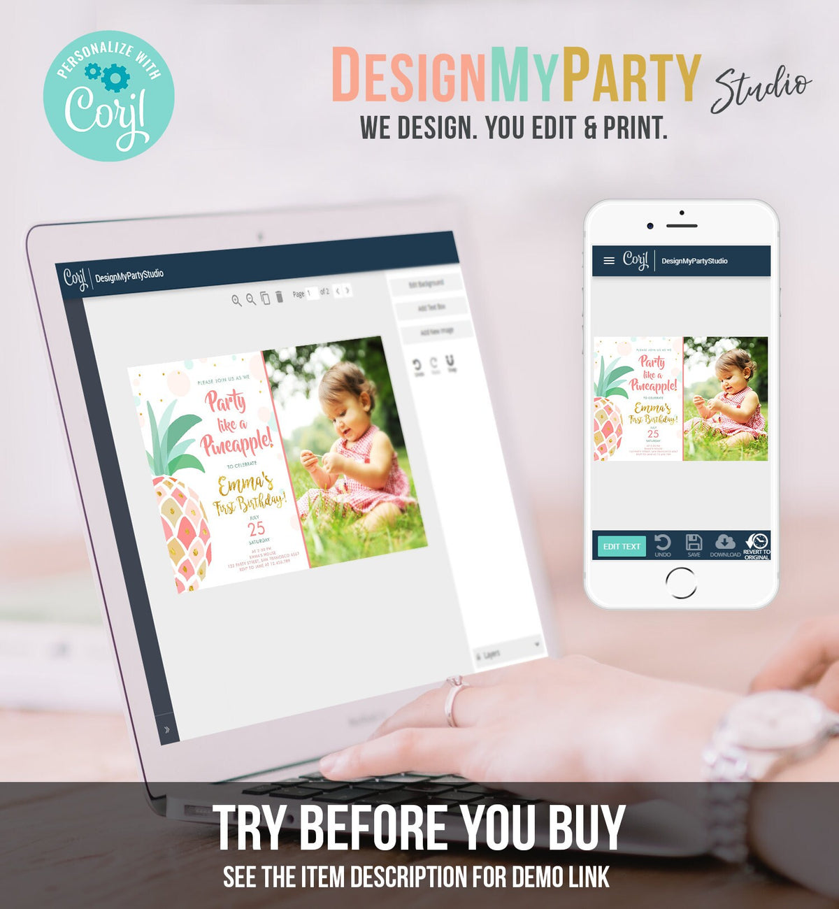 Editable Pineapple Birthday Invitation Party like a Pineapple Aloha Tropical Luau Party Girl First Birthday Gold Pink Corjl Template 0202