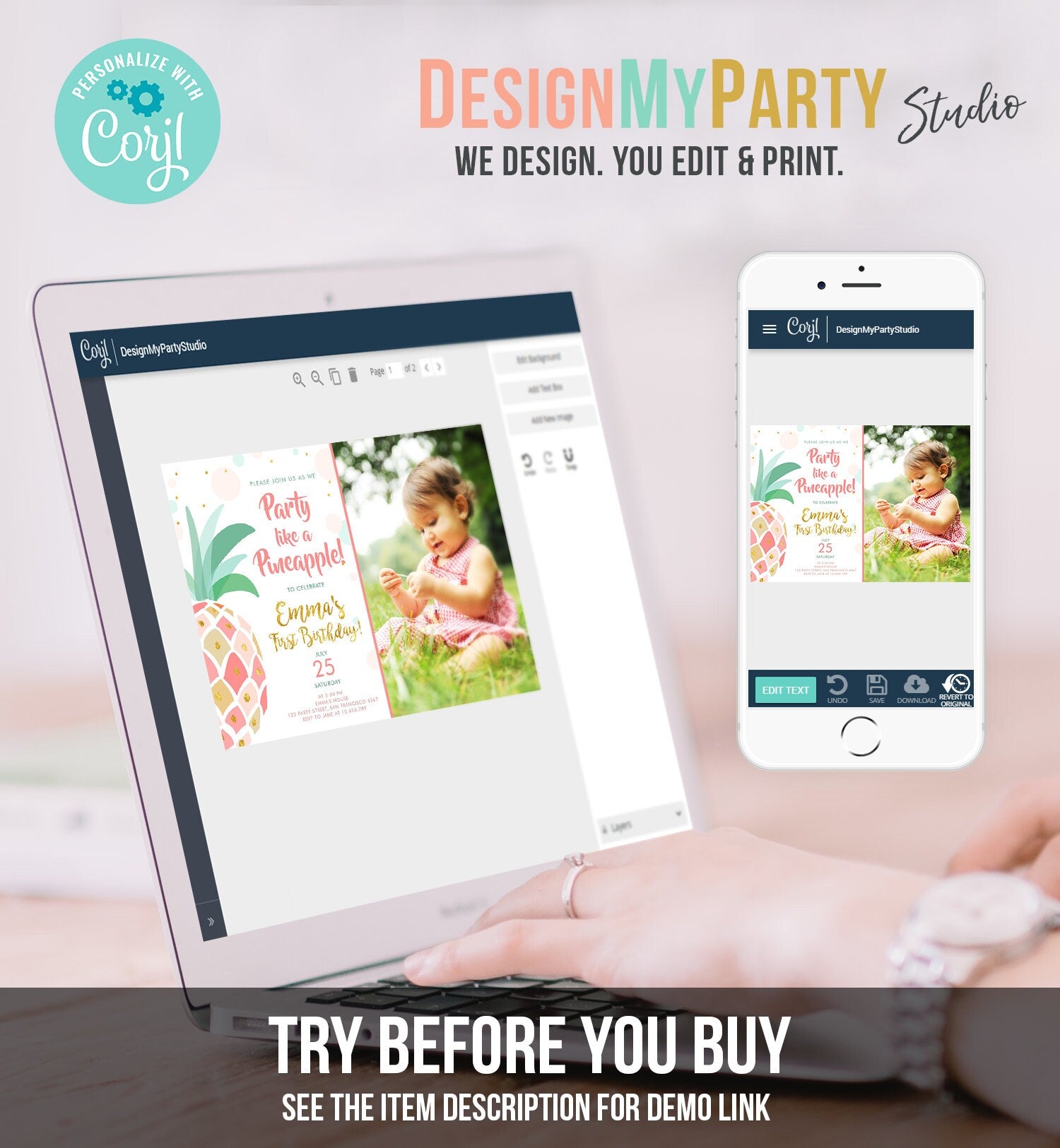 Editable Pineapple Birthday Invitation Party like a Pineapple Aloha Tropical Luau Party Girl First Birthday Gold Pink Corjl Template 0202