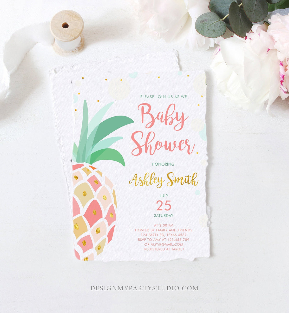 Editable Pineapple Baby Shower Invitation Party like a Pineapple Aloha Tropical Luau Party Girl Sprinkle Coed Gold Pink Corjl Template 0202