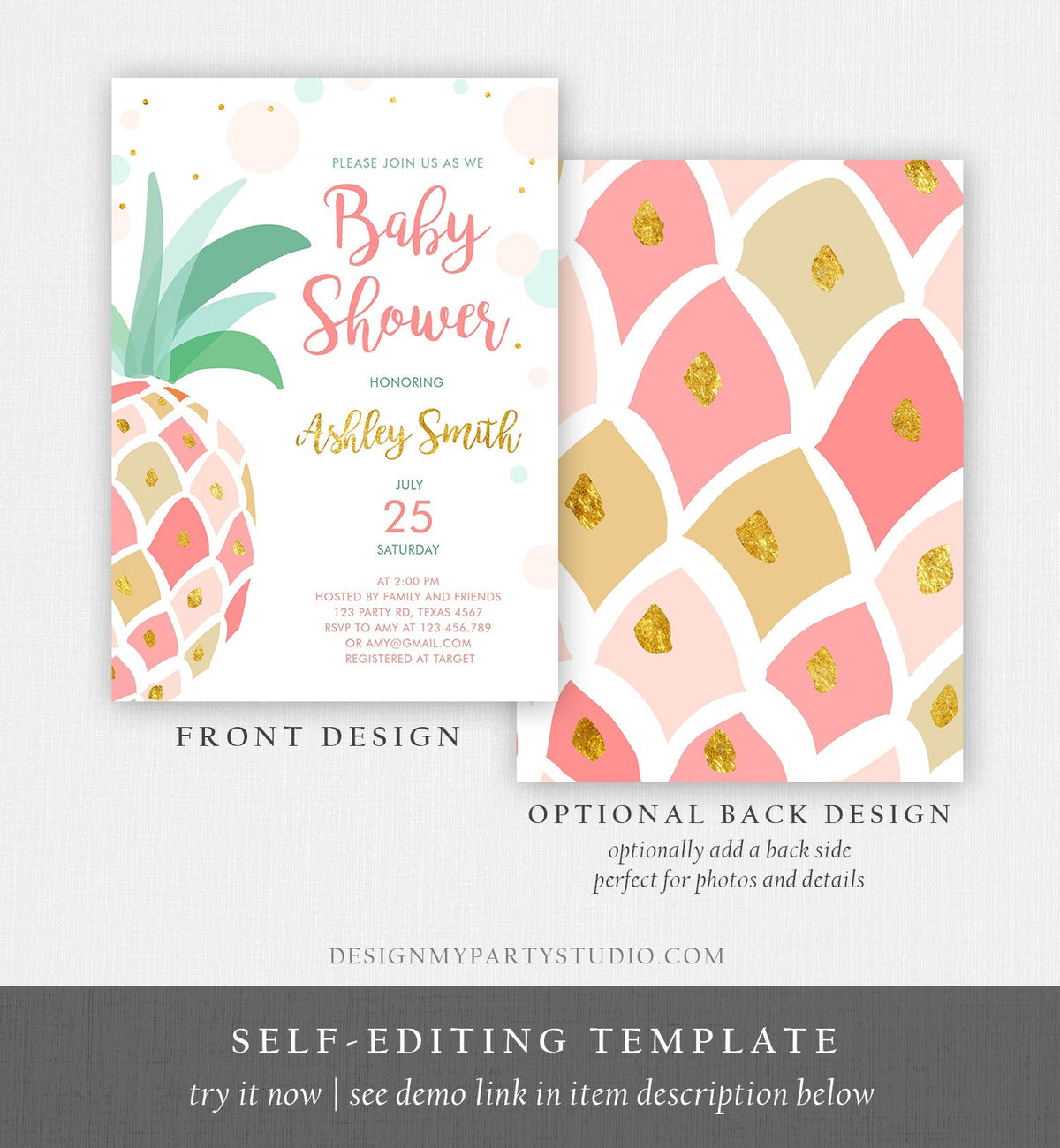 Editable Pineapple Baby Shower Invitation Party like a Pineapple Aloha Tropical Luau Party Girl Sprinkle Coed Gold Pink Corjl Template 0202