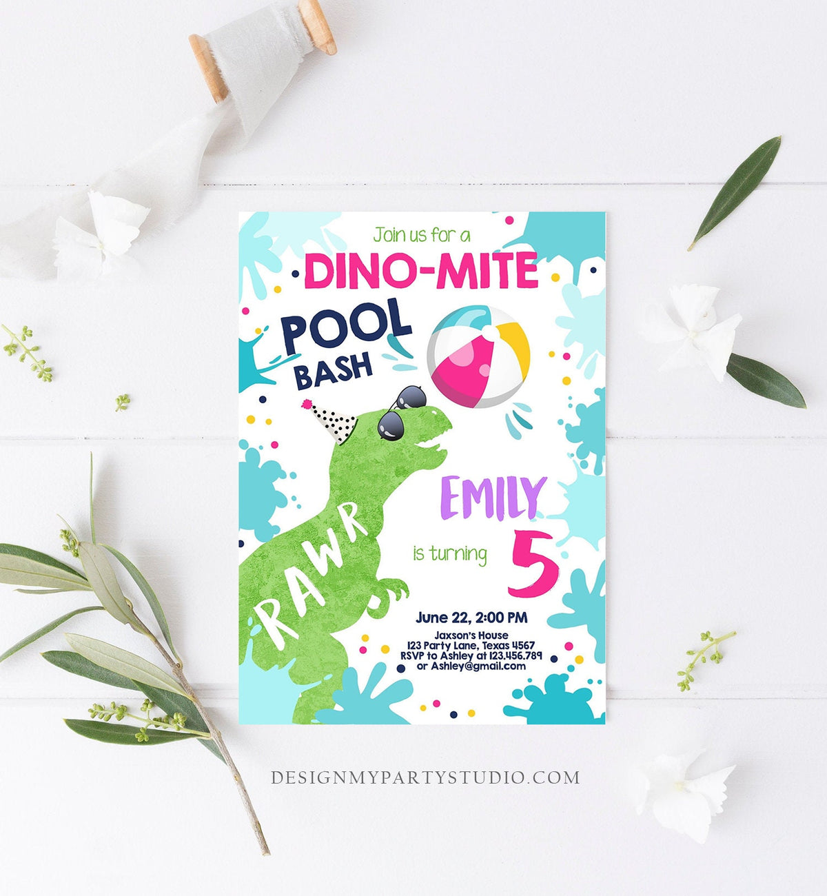 Editable Dinosaur Pool Party Birthday Invitation Dino-Mite Summer Splish Splash Dino T-Rex Girl Digital Download Template Printable 0305