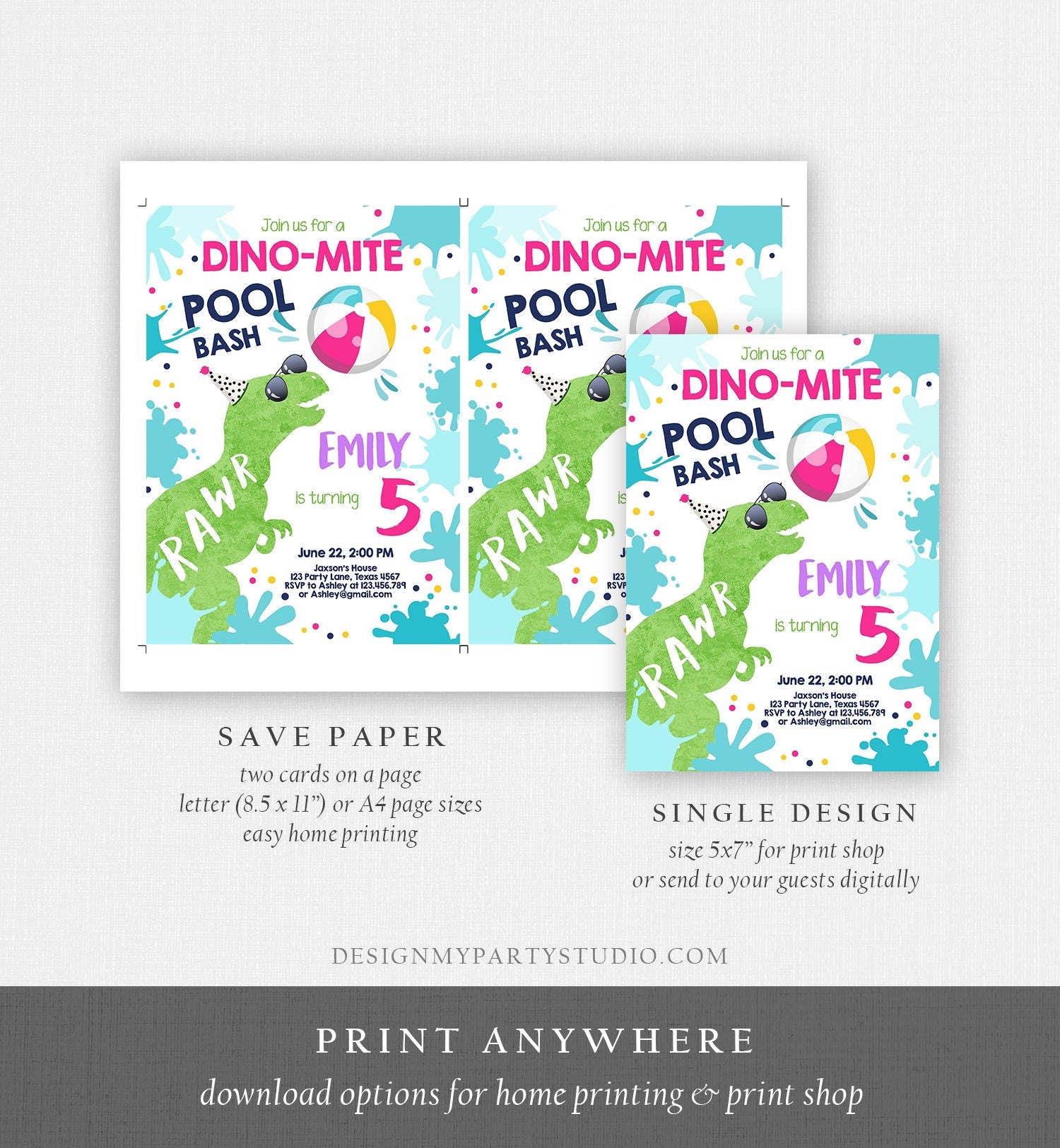 Editable Dinosaur Pool Party Birthday Invitation Dino-Mite Summer Splish Splash Dino T-Rex Girl Digital Download Template Printable 0305