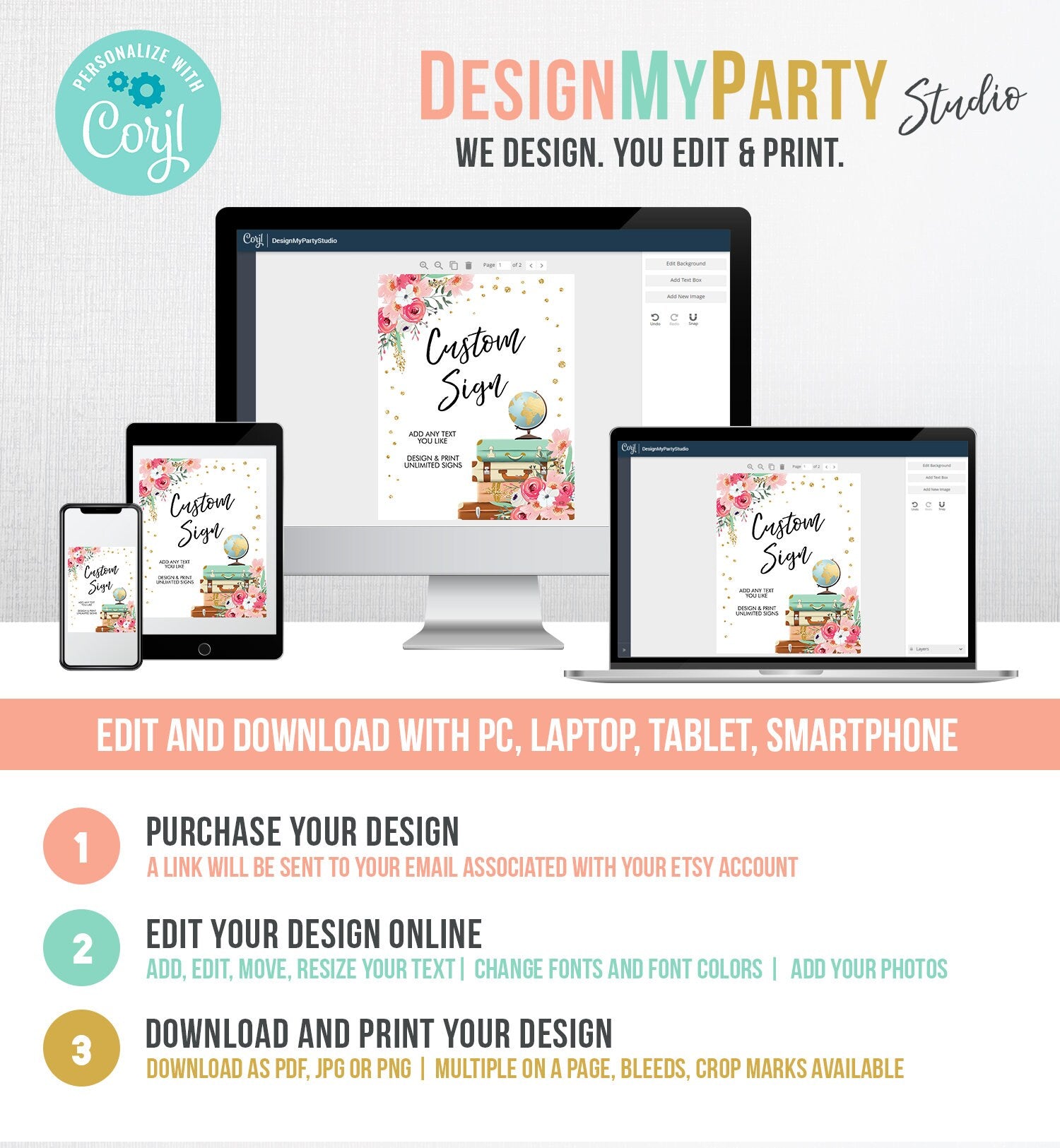 Editable Custom Sign Floral Travel Adventure Bridal Shower Traveling Pink Floral Suitcases Globe Digital Download Template Printable 0030