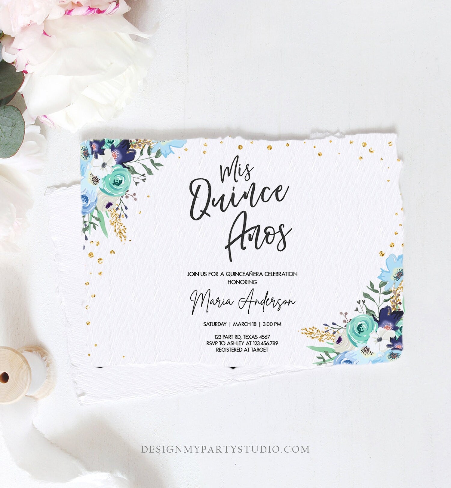 Editable Quinceañera Mis Quince Años Birthday Party Invitation Floral Royal Blue Gold Confetti Flowers Printable Template Corjl 0030