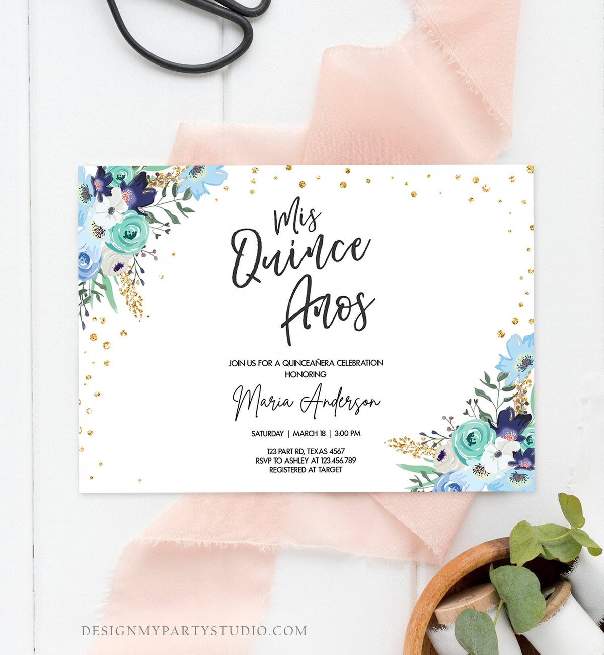 Editable Quinceañera Mis Quince Años Birthday Party Invitation Floral Royal Blue Gold Confetti Flowers Printable Template Corjl 0030