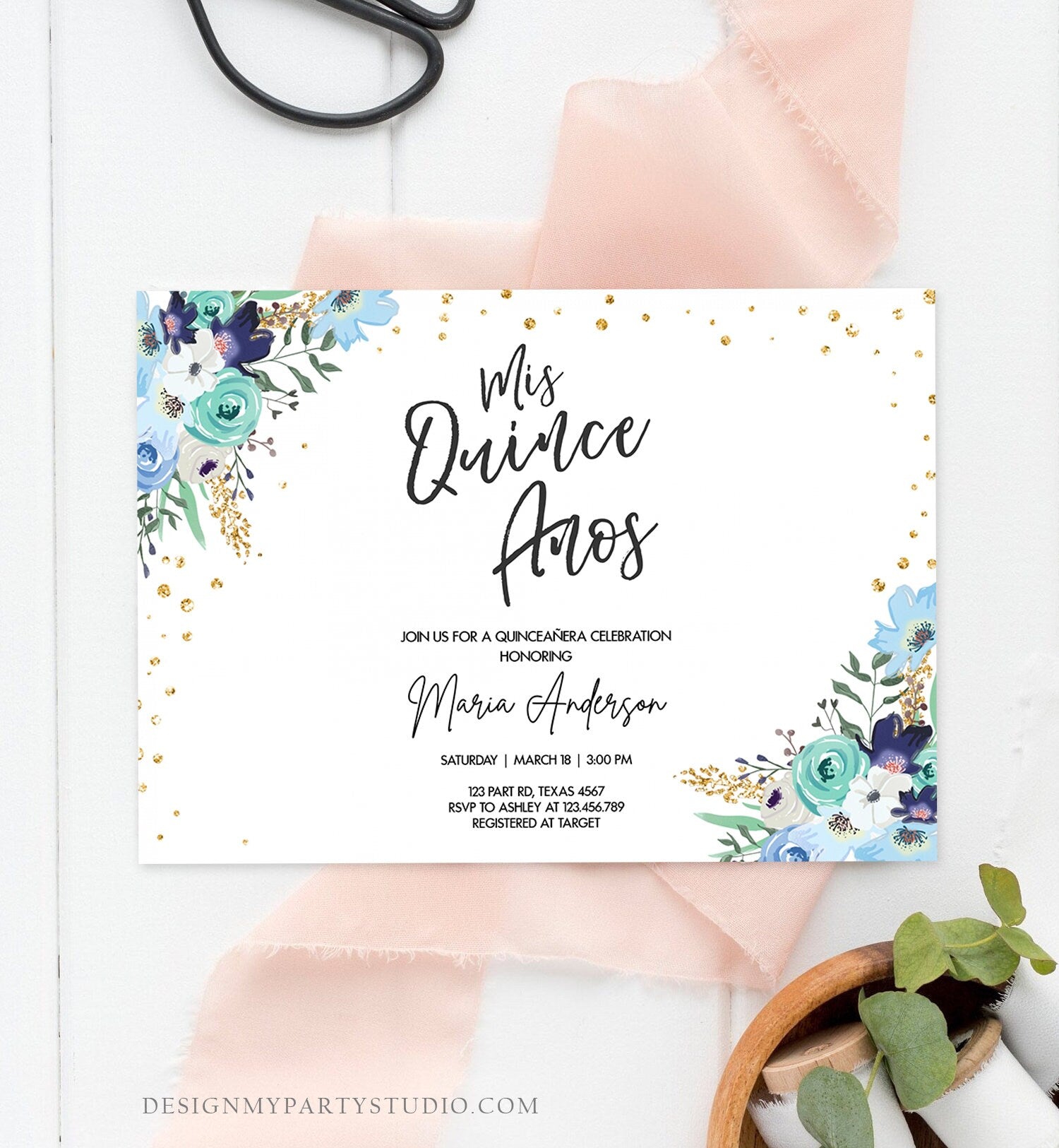Editable Quinceañera Mis Quince Años Birthday Party Invitation Floral Royal Blue Gold Confetti Flowers Printable Template Corjl 0030