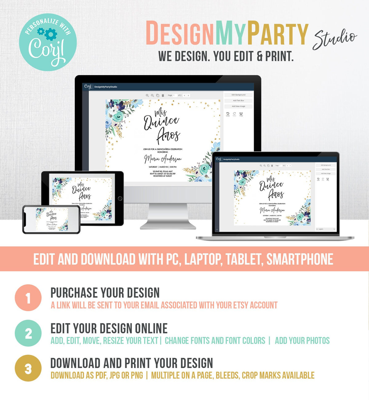 Editable Quinceañera Mis Quince Años Birthday Party Invitation Floral Royal Blue Gold Confetti Flowers Printable Template Corjl 0030