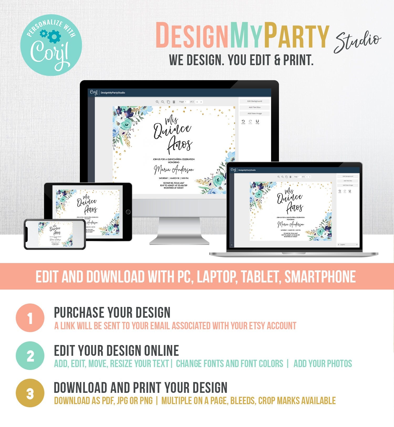 Editable Quinceañera Mis Quince Años Birthday Party Invitation Floral Royal Blue Gold Confetti Flowers Printable Template Corjl 0030