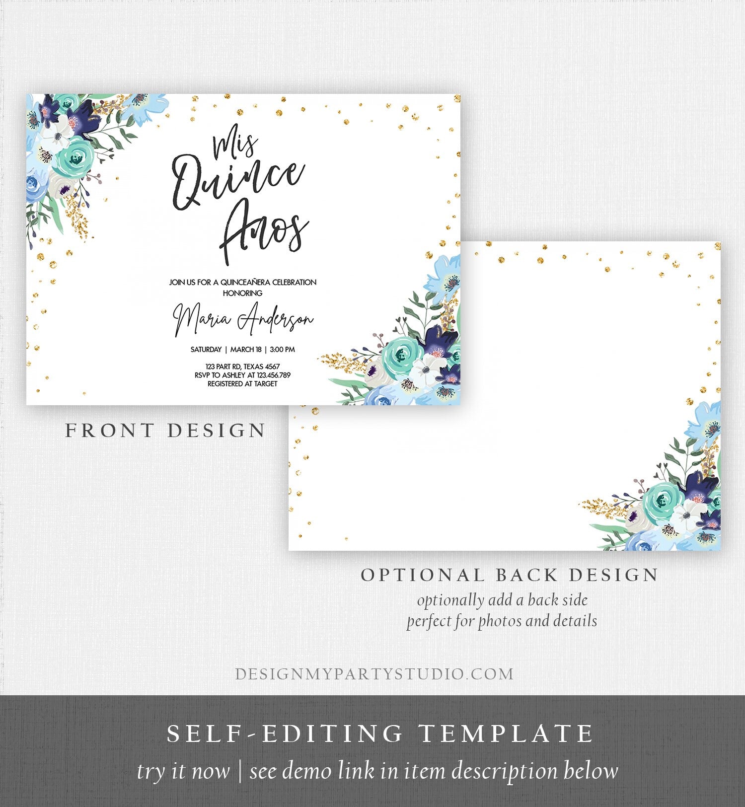 Editable Quinceañera Mis Quince Años Birthday Party Invitation Floral Royal Blue Gold Confetti Flowers Printable Template Corjl 0030