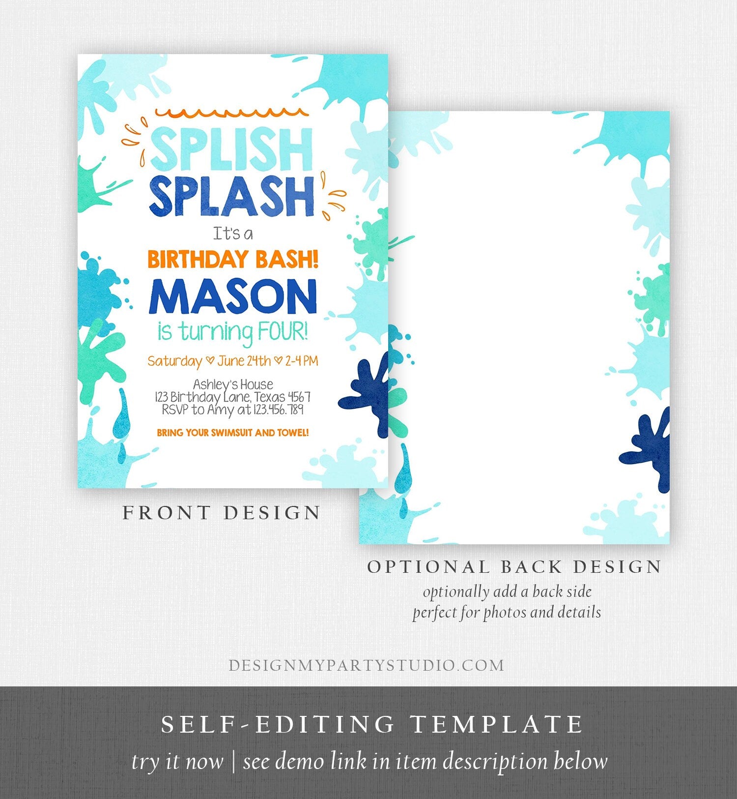 Editable Pool Party Invitation Splish Splash Birthday Invite Pool Party Bash Beach Swimming Summer Digital Download Template Printable 0237