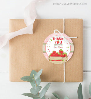 Editable Strawberry Favor Tags Strawberry Birthday Thank you Round Tag Label Berry Much Gift tag Stickers Template PRINTABLE Corjl 0091
