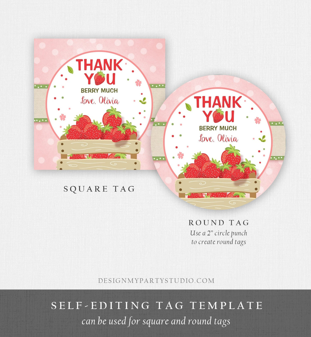 Editable Strawberry Favor Tag Strawberry Birthday Thank You Round Tag Label Berry Much Gift Tag Stickers Digital Template Printable 0091