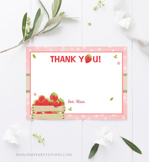 Editable Strawberry Thank You Card Birthday Strawberry Birthday Farmers Market Girl Berry Sweet Download Printable Template Corjl 0091