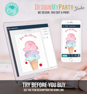 Editable Pin the Cherry on The Ice Cream Game Ice Cream Birthday Game Summer Cone Decor Instant Download Printable Digital Corjl 0243
