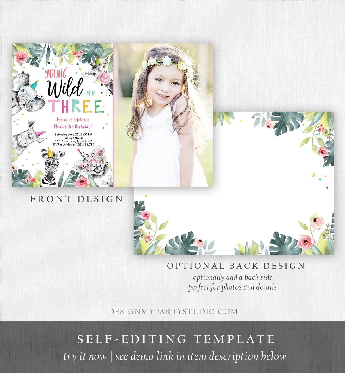 Editable Young Wild and Three Invitation Girl Pink and Gold Party Safari Animals Zoo Digital Download Evite Template Printable 0322