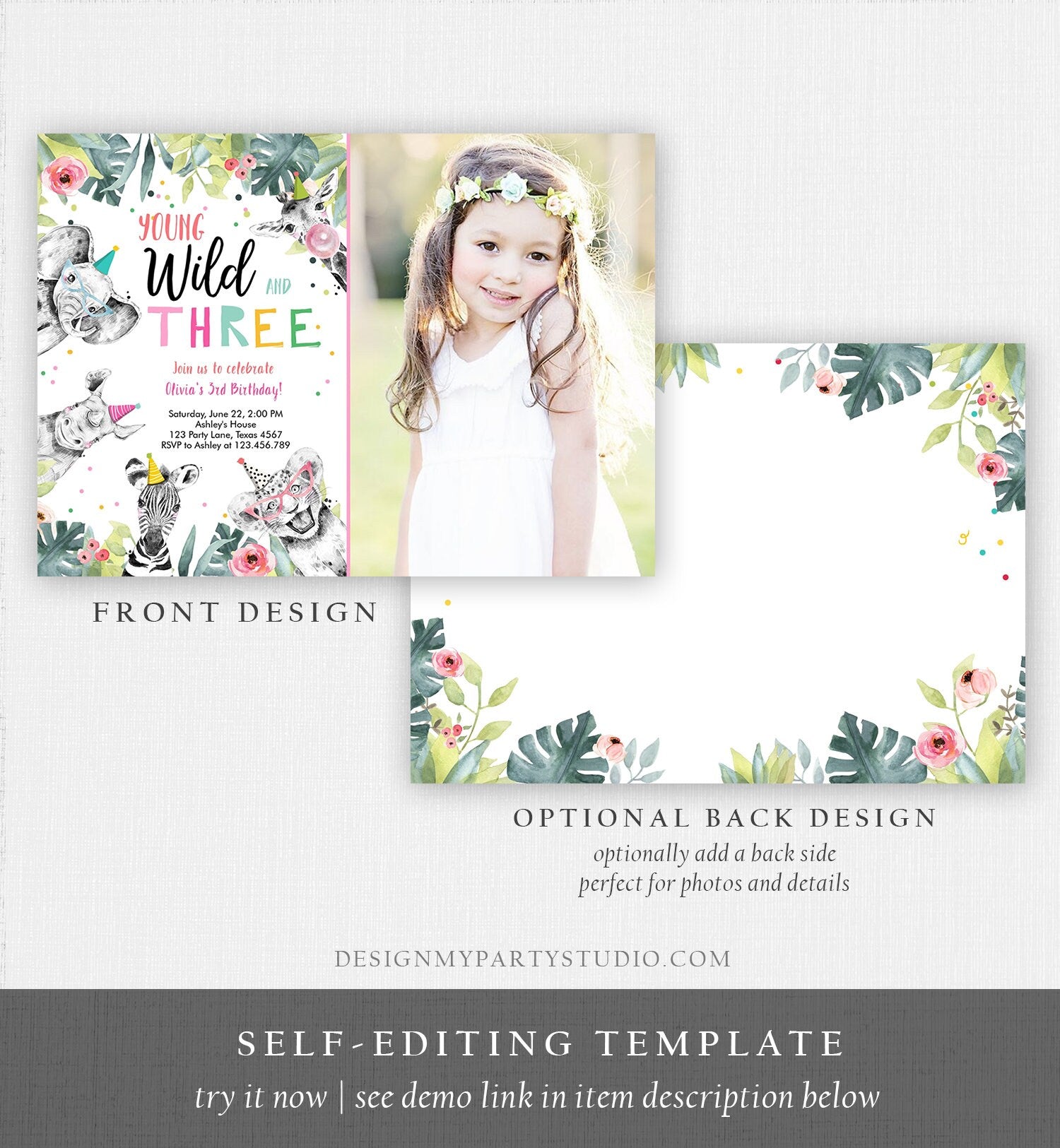 Editable Young Wild and Three Invitation Girl Pink and Gold Party Safari Animals Zoo Digital Download Evite Template Printable 0322