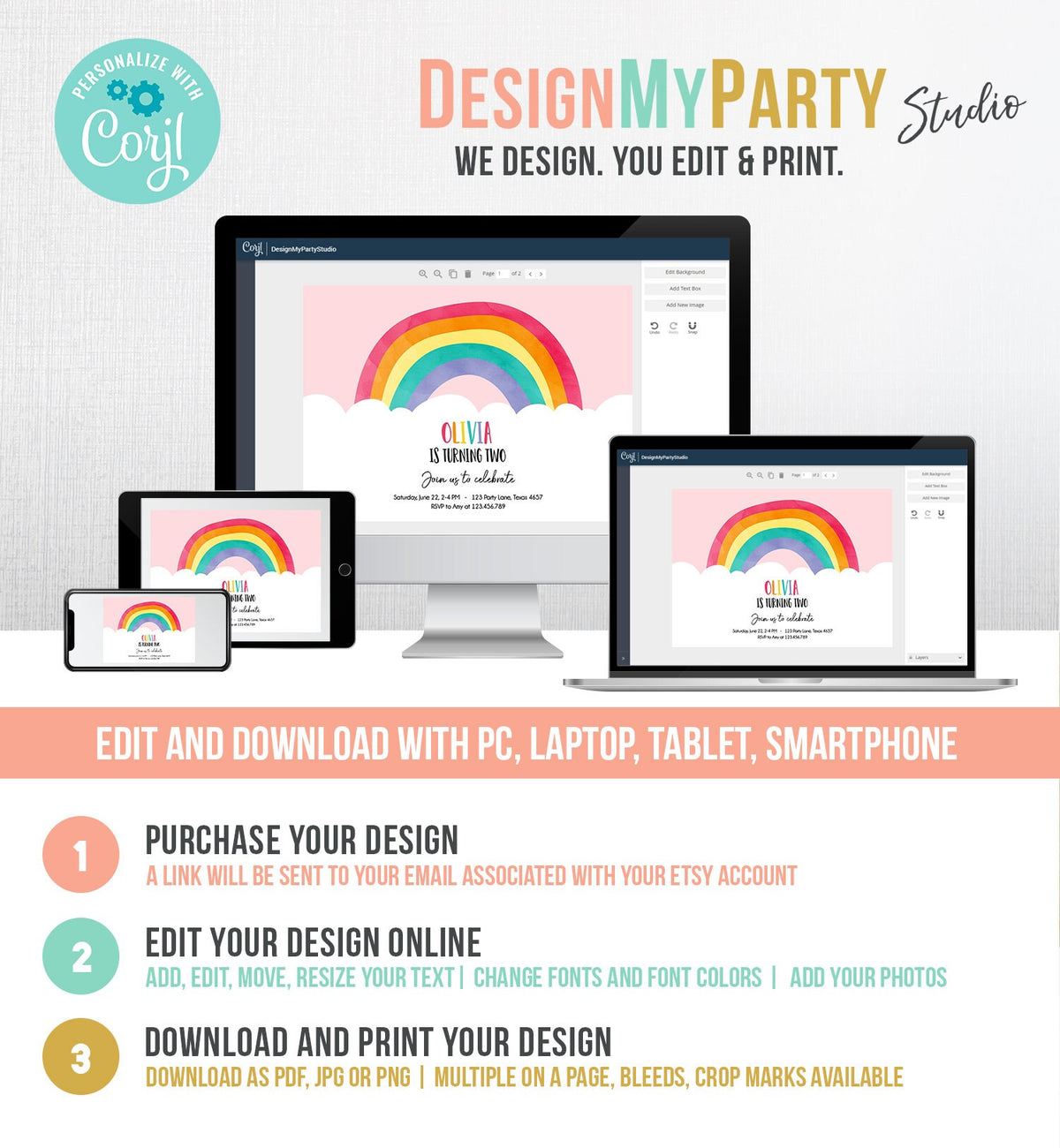 Editable Rainbow Birthday Invitation Kids Girl Baby Shower Clouds Colorful Party Rainbow Colors Printable Corjl Template Digital 0272