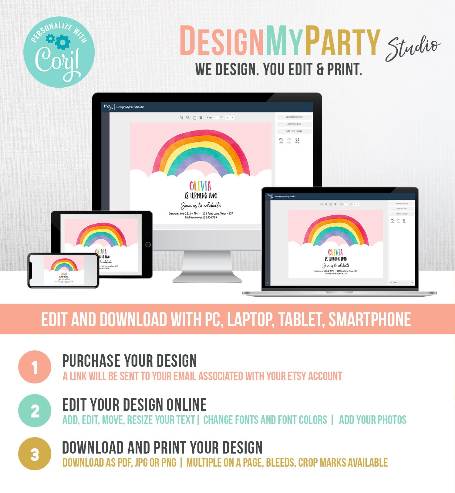 Editable Rainbow Birthday Invitation Kids Girl Baby Shower Clouds Colorful Party Rainbow Colors Printable Corjl Template Digital 0272