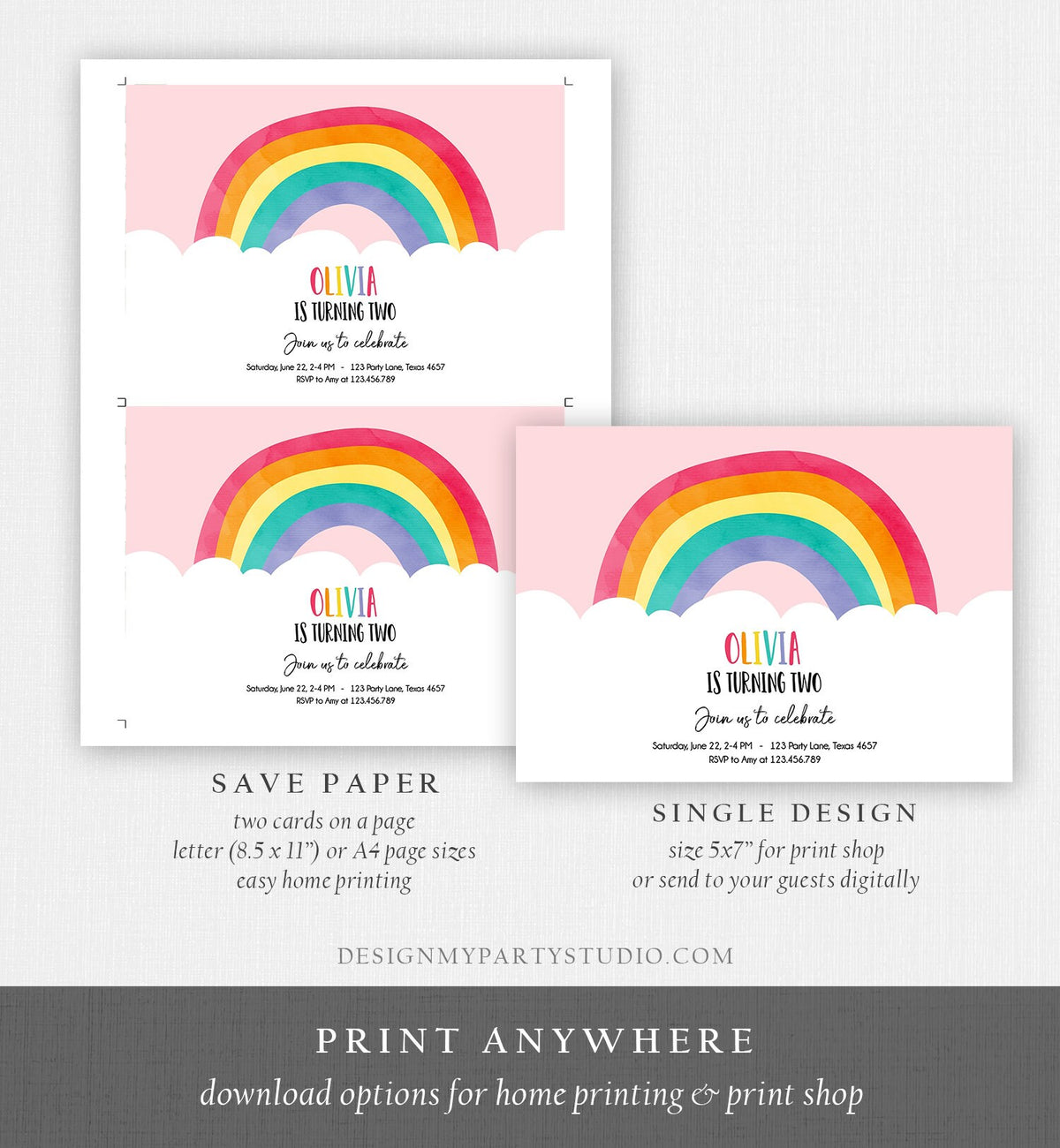 Editable Rainbow Birthday Invitation Kids Girl Baby Shower Clouds Colorful Party Rainbow Colors Printable Corjl Template Digital 0272