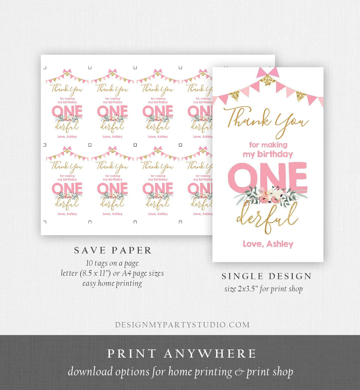 Editable Onederful Favor Tag Thank You Girl 1st First Birthday Party Gift Tag Pink Gold 1st Digital Download Template Printable 0165