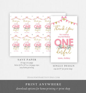 Editable Onederful Favor Tag Thank You Girl First Birthday Party Gift Tag Pink Gold 1st Digital Download Corjl Template Printable 0165