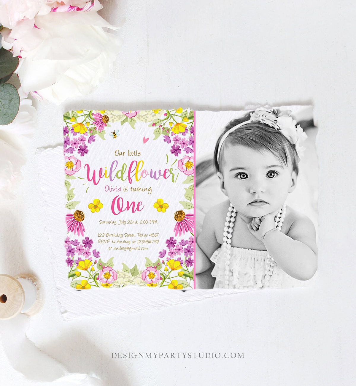 Editable Little Wildflower Birthday Invitation ANY AGE Floral Wild Flower Pink Girl First Birthday 1st Corjl Template Printable 0217