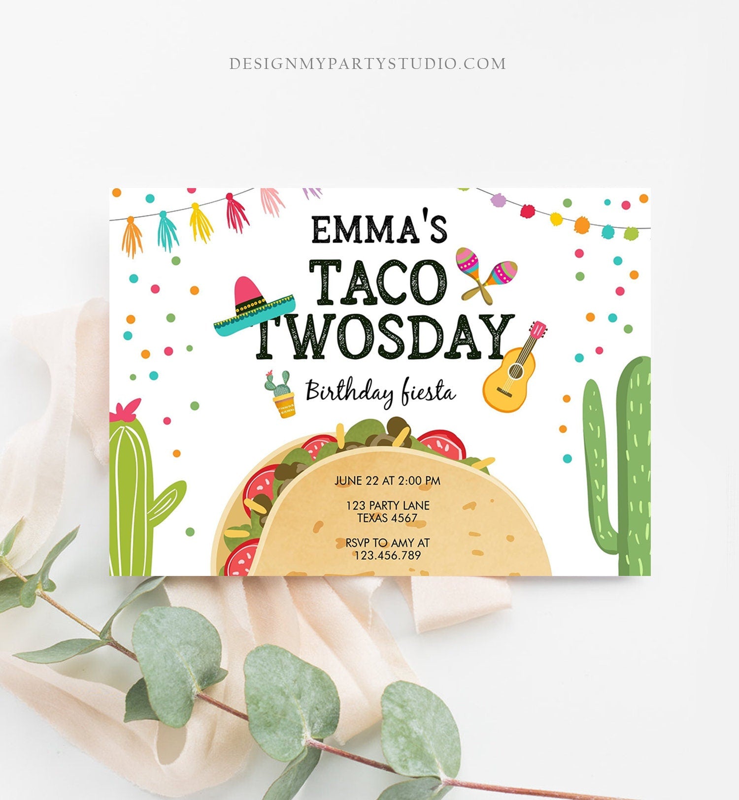 Editable Taco Twosday Invitation Mexican Twosday Birthday Fiesta 2nd Birthday Instant Download Printable Invitation Template Corjl 0161