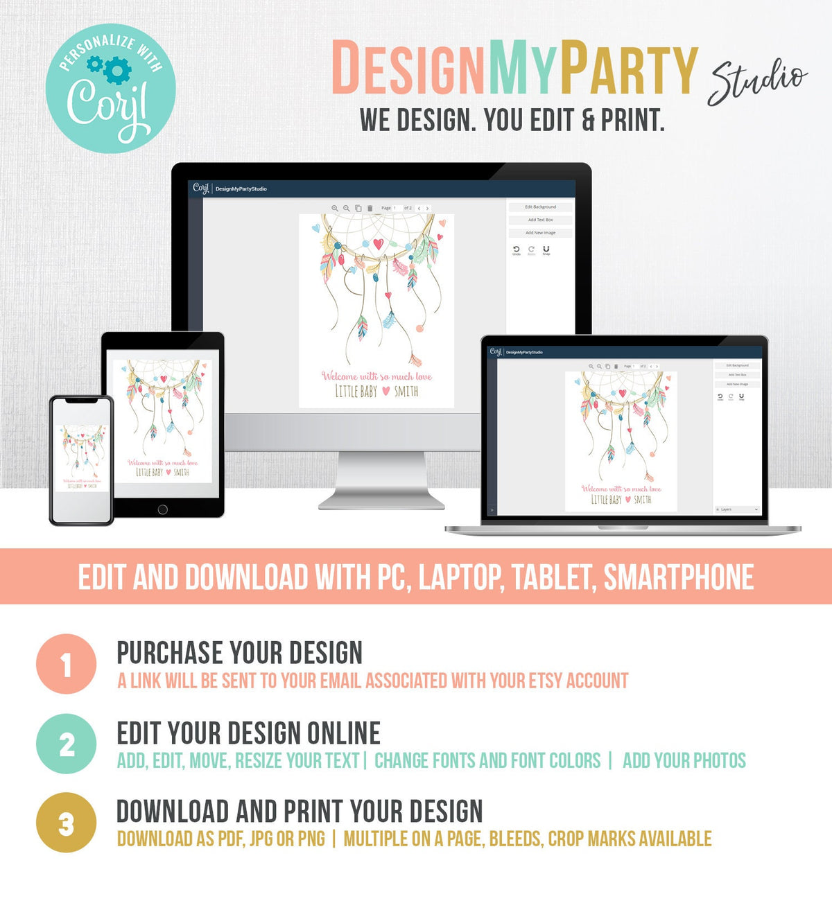 Editable Dreamcatcher Fingerprint Guestbook Thumbprint Guest Book Pink Shower Birthday Instant Download PRINTABLE Template Corjl 0062