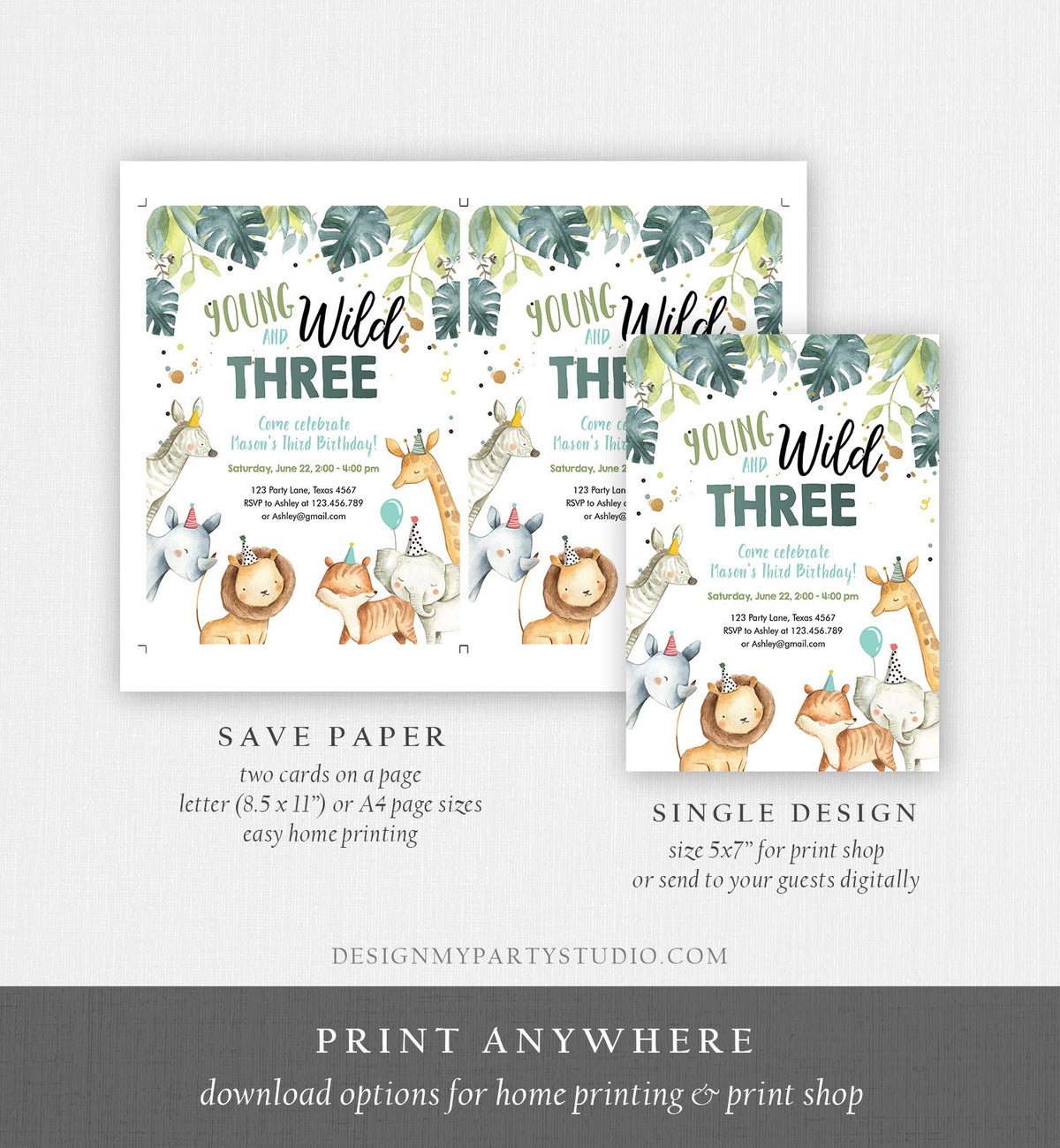 Editable Young Wild and Three Birthday Invitation Boy Safari Animals Green Party Animals Third Birthday 3rd Template Corjl Printable 0163