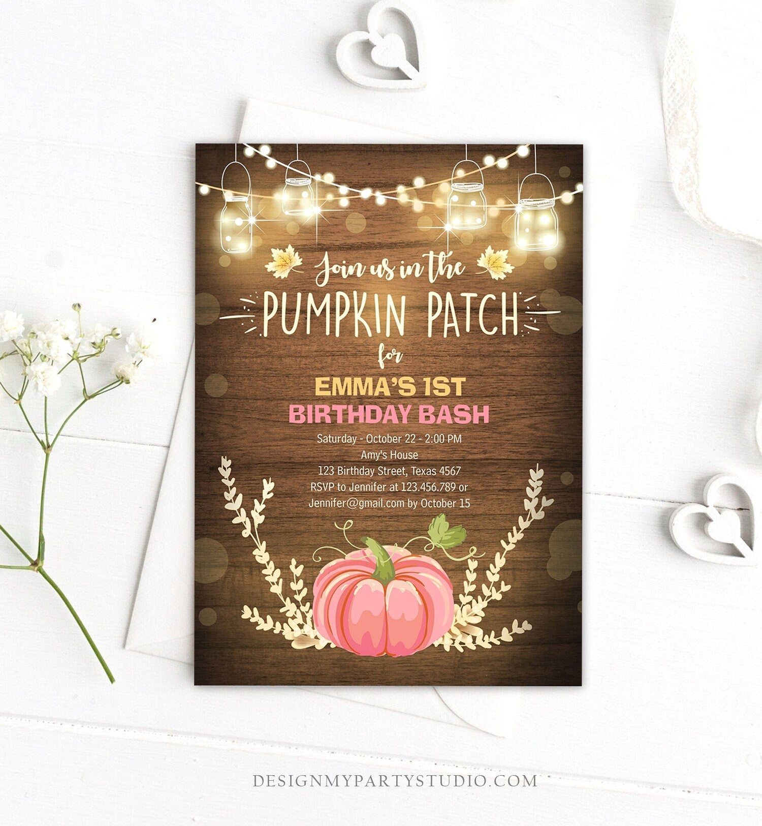 Editable Little Pumpkin Birthday Invitation Pink Pumpkin Patch Autumn Fall Rustic Girl 1st First Birthday Corjl Invitation Printable 0015