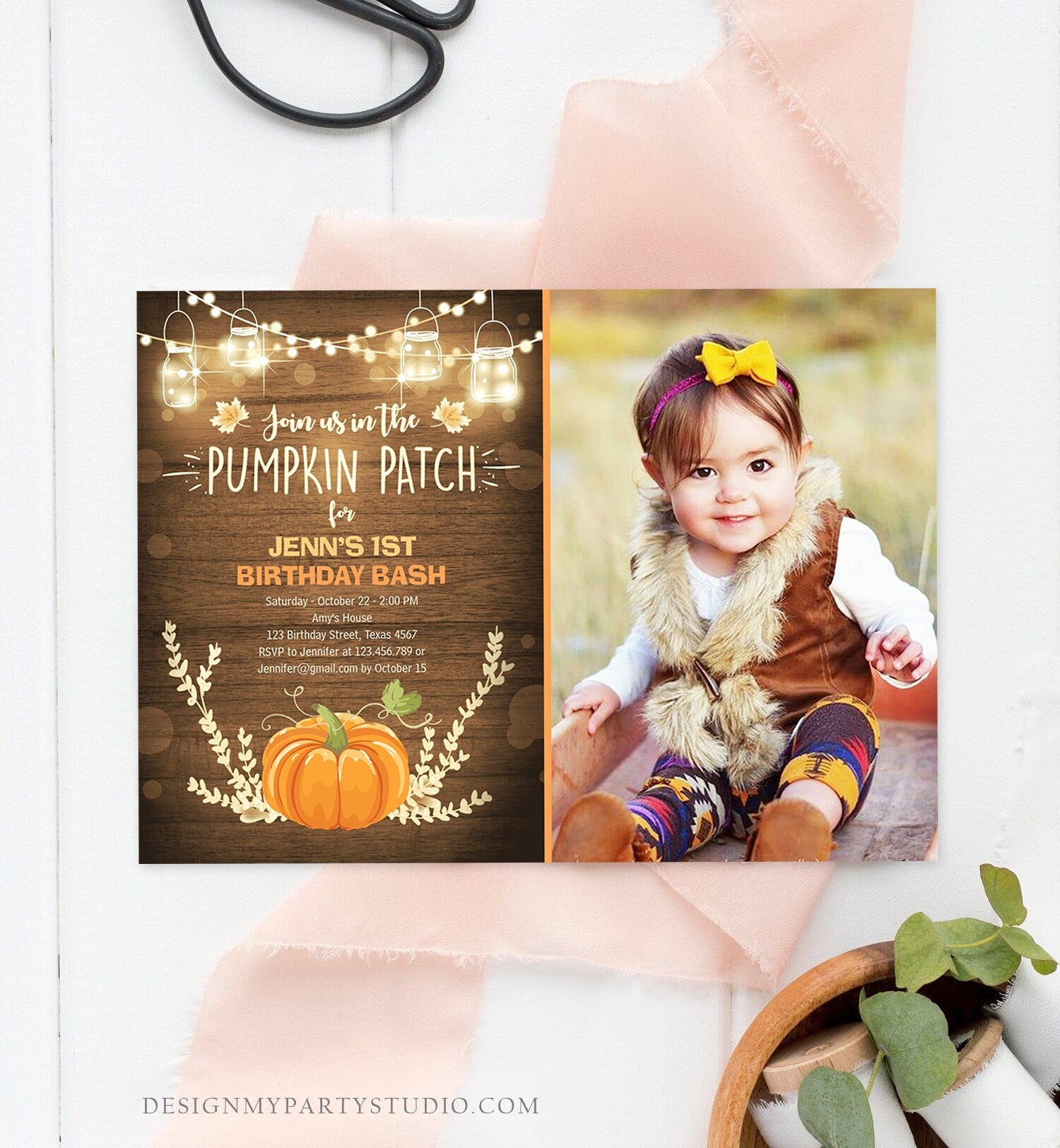 Editable Little Pumpkin Birthday Invitation Orange Pumpkin Patch Autumn Fall Rustic Boy Girl First Birthday Corjl Invitation Printable 0015