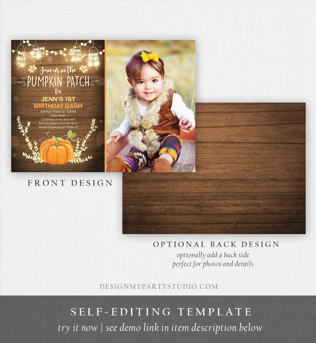 Editable Little Pumpkin Birthday Invitation Orange Pumpkin Patch Autumn Fall Rustic Boy Girl First Birthday Corjl Invitation Printable 0015