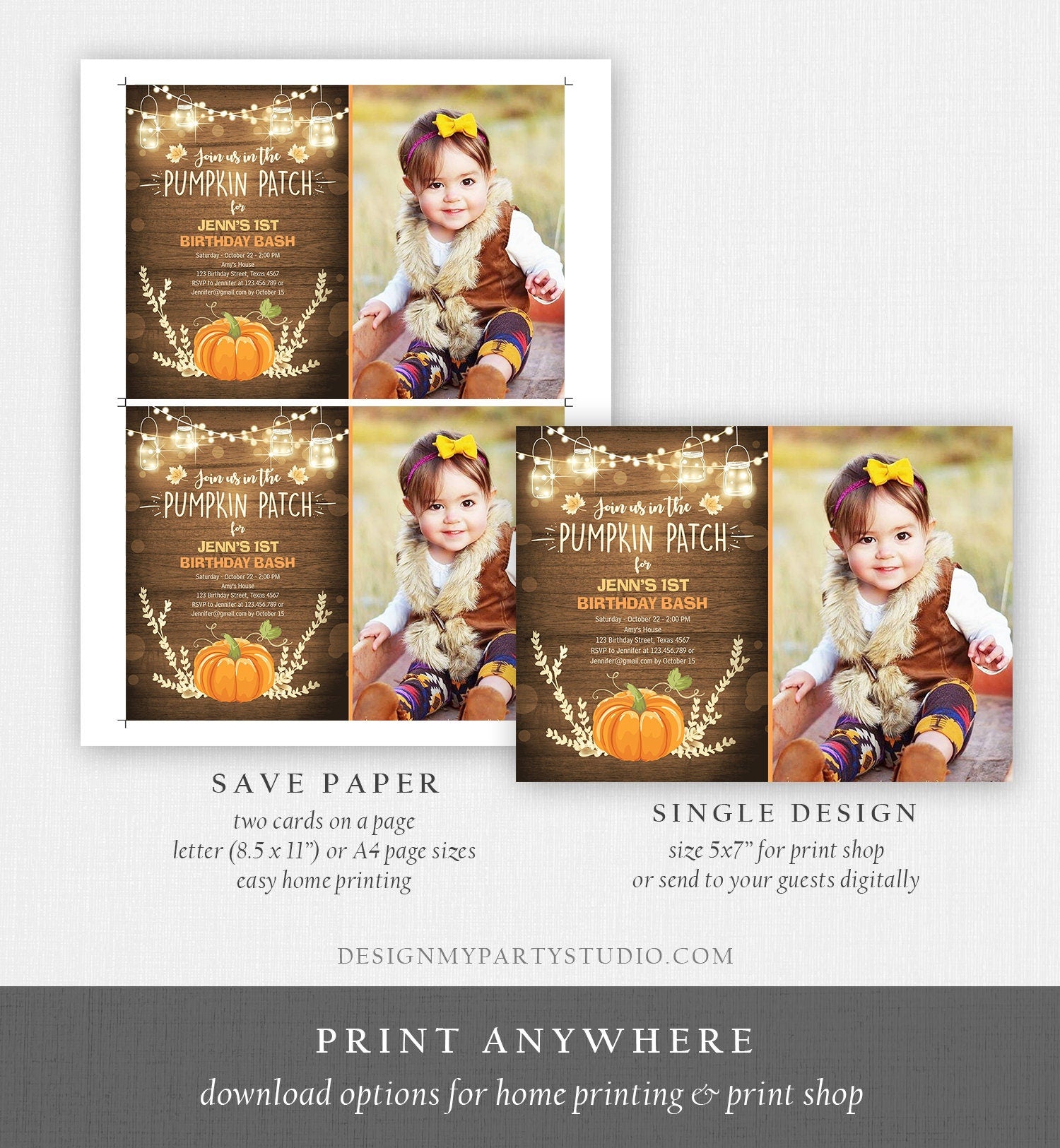 Editable Little Pumpkin Birthday Invitation Orange Pumpkin Patch Autumn Fall Rustic Boy Girl First Birthday Corjl Invitation Printable 0015
