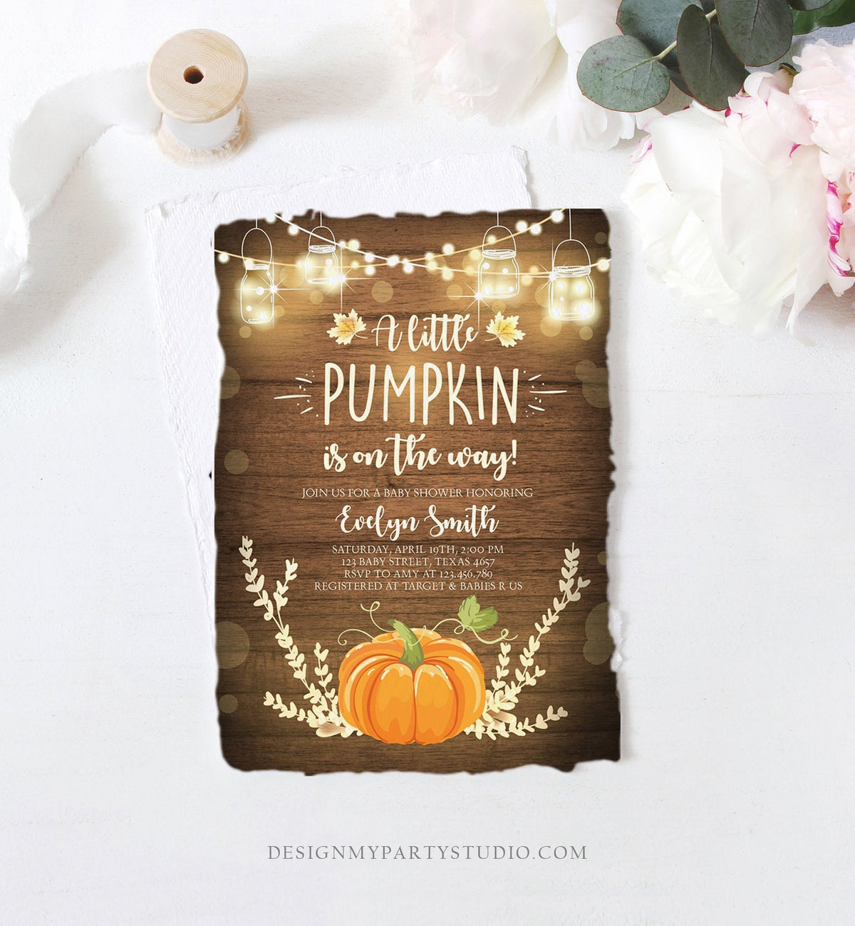 Editable Little Pumpkin Baby Shower Invitation Orange Pumpkin Patch Autumn Fall Rustic Boy Girl Sprinkle Corjl Template Printable 0015