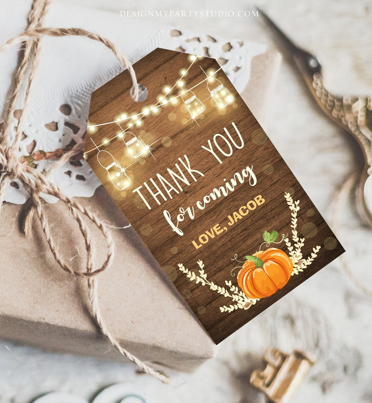 Editable Little Pumpkin Favor Tag Thank You Tag Birthday Baby Shower Rustic Wood Fall Autumn Pumpkin Download Corjl Template Printable 0015
