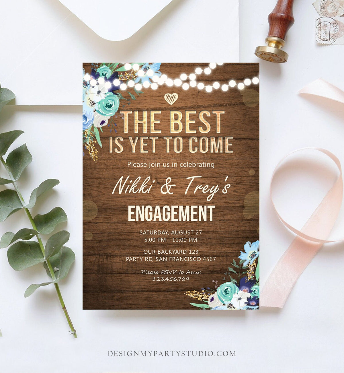 Editable Rustic Engagement Party Invitation Wood String Lights Best Is Yet To Come Navy Blue Floral Download Corjl Template Printable 0015