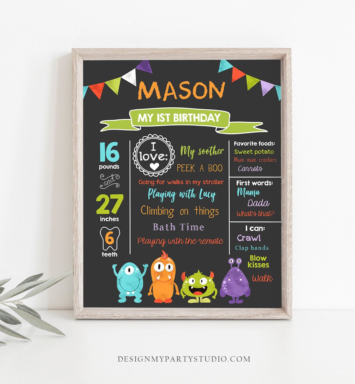 Editable Little Monsters Birthday Milestones Sign First Birthday Monster Decor 1st Party Boy Digital Download Template Printable 0058