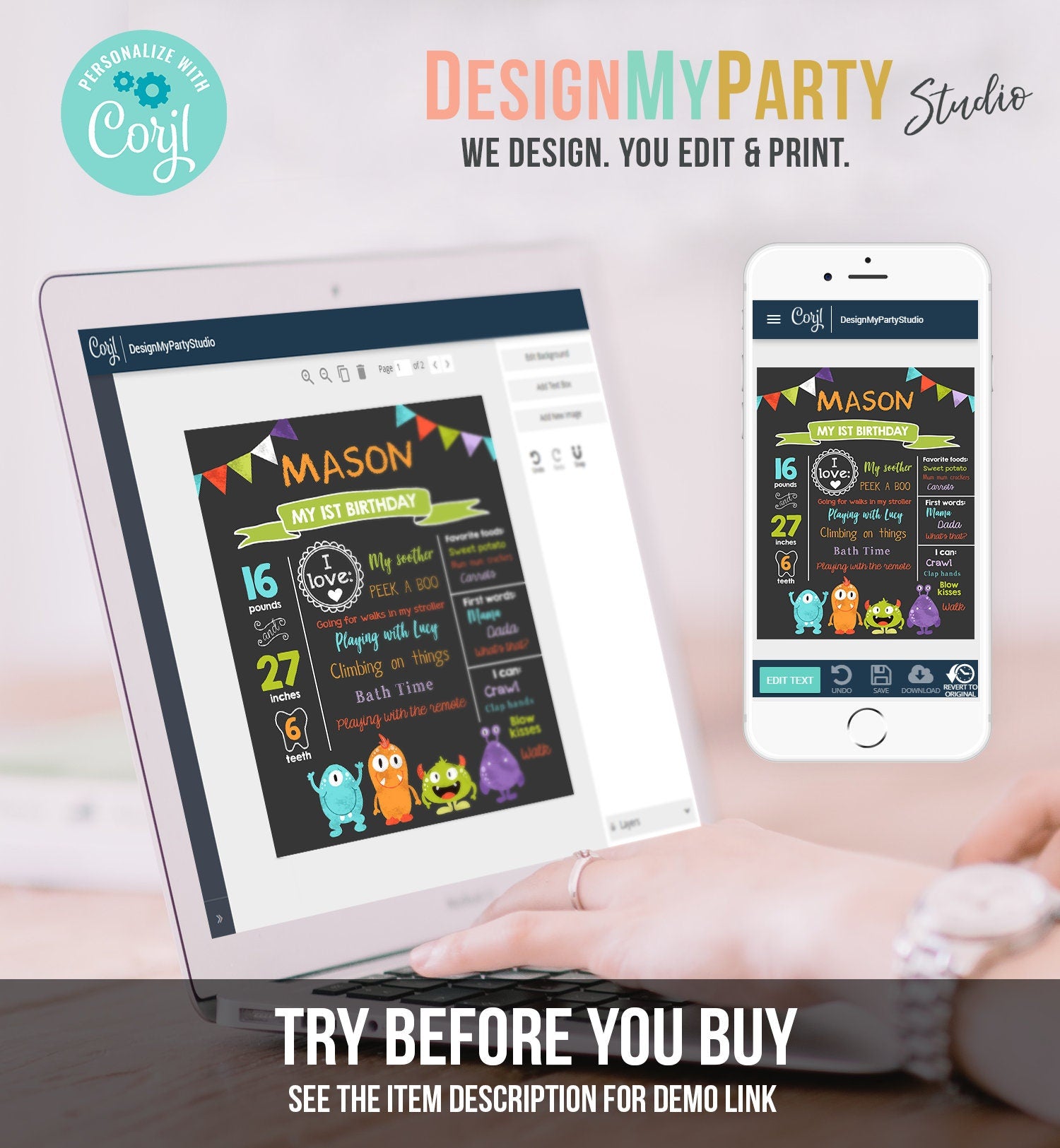 Editable Little Monsters Birthday Milestones Sign First Birthday Monster Decor 1st Party Boy Digital Download Template Printable 0058