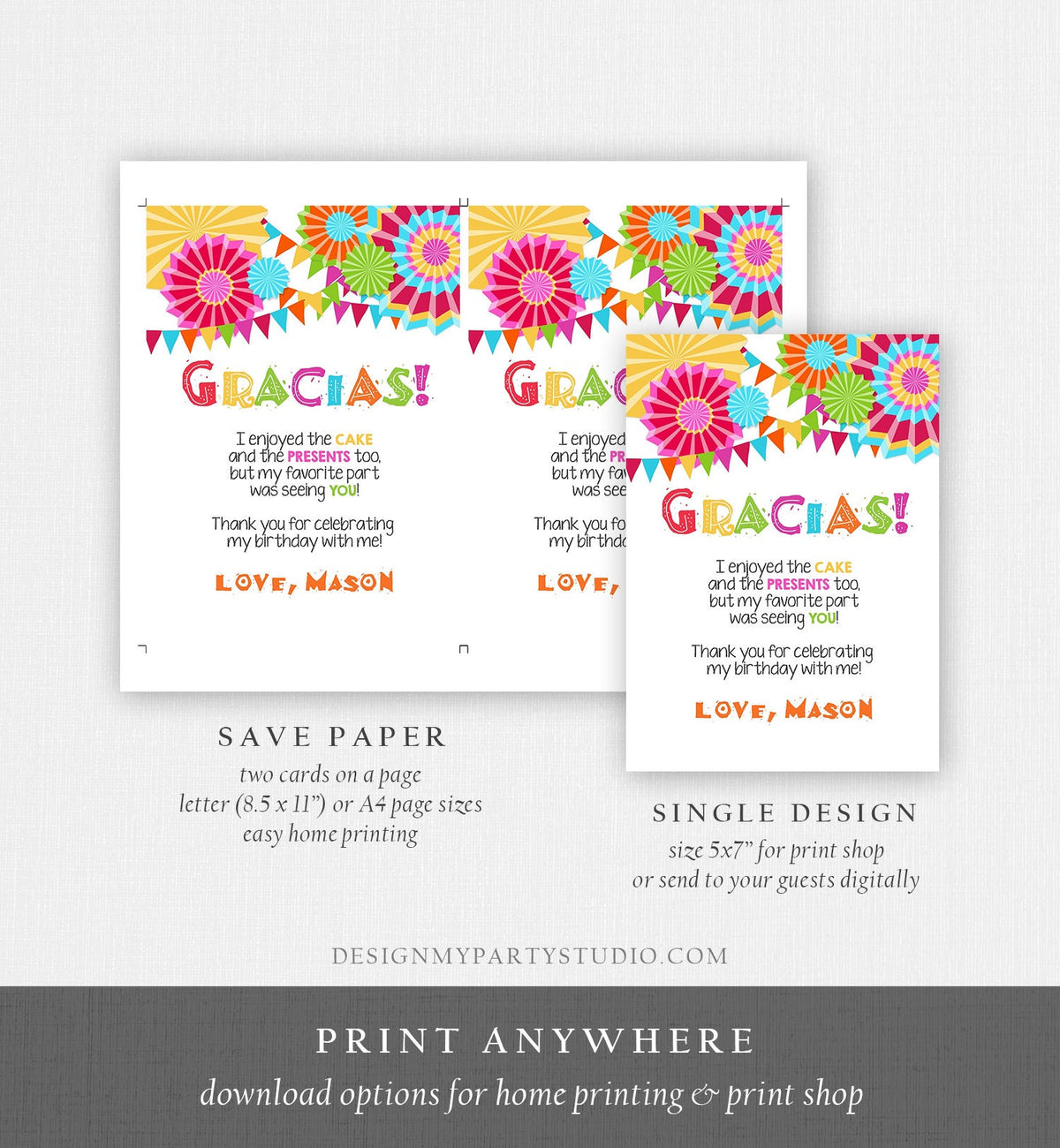 Editable Fiesta Gracias Thank You Card Mexican Birthday Party Baby Shower Graduation Note Digital Download Template Printable 0045