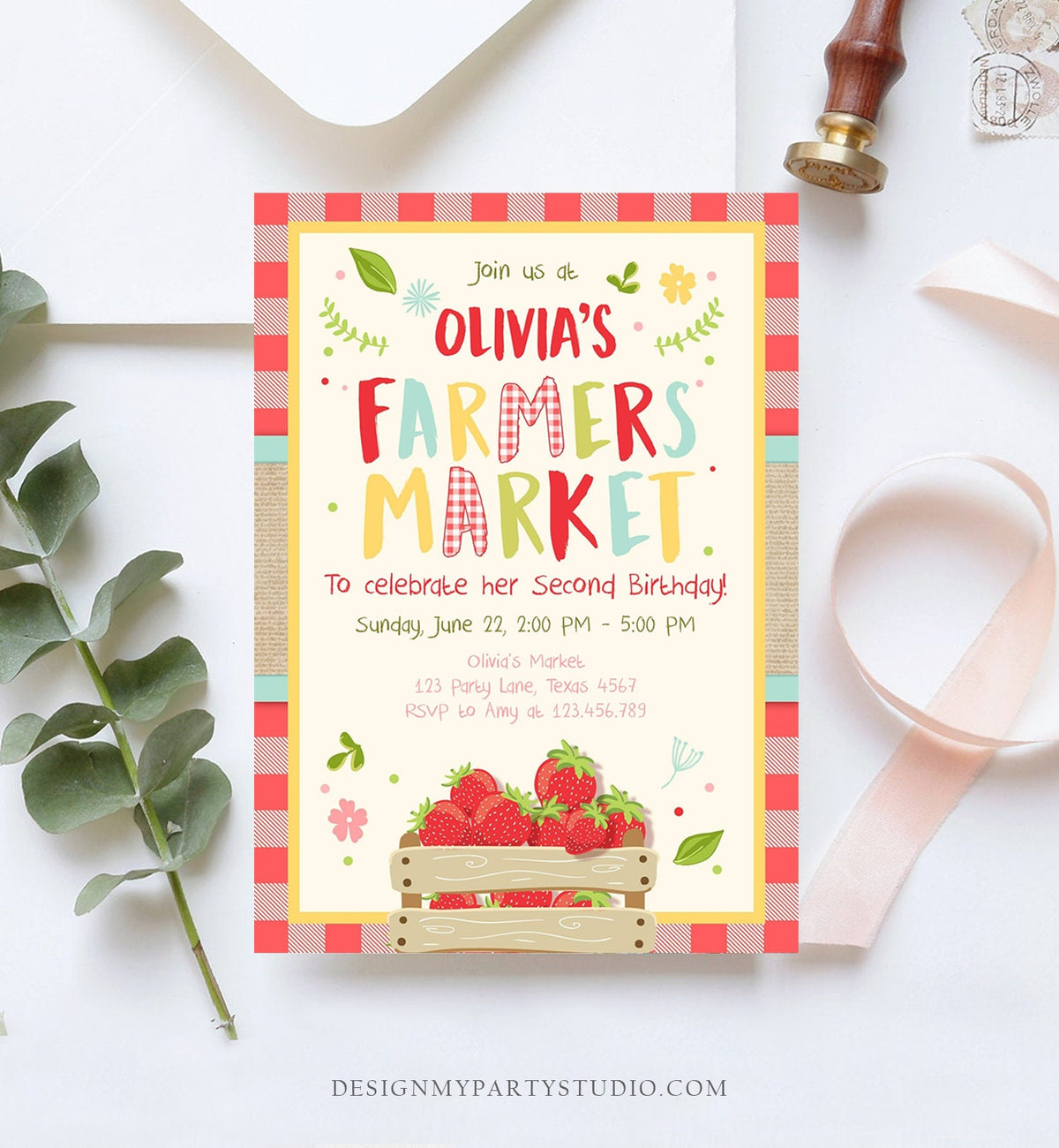 Editable Farmers Market Birthday Invitation Strawberry Home Grown Veggies Farm Fruits Market Download Printable Invite Template Corjl 0223