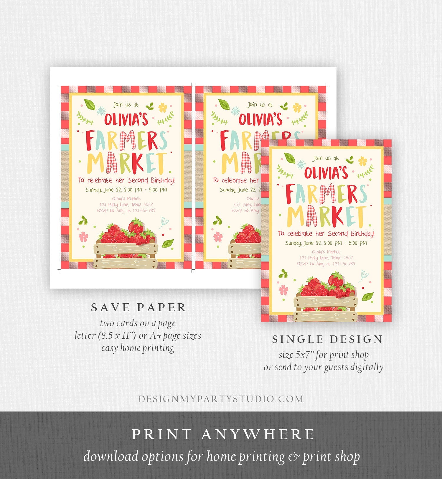Editable Farmers Market Birthday Invitation Strawberry Home Grown Veggies Farm Fruits Market Download Printable Invite Template Corjl 0223