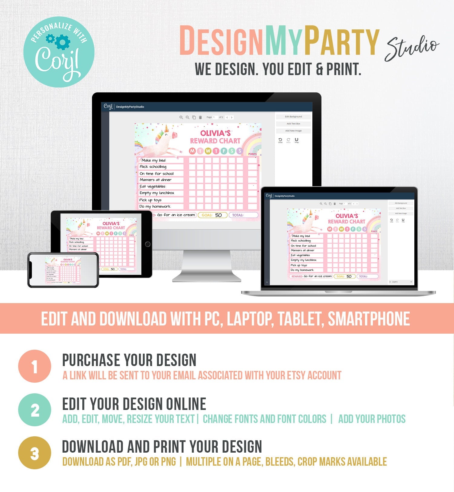 Editable Unicorn Reward Chart for Girls Unicorn Chore Chart for Kids Routine Chart Pink Purple Rainbow Gold Printable Corjl Template 0336