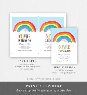 Editable Rainbow Birthday Invitation Boy Girl Neutral Clouds Blue Rainbow Fun Over the Rainbow Party Digital Corjl Template Printable 0272