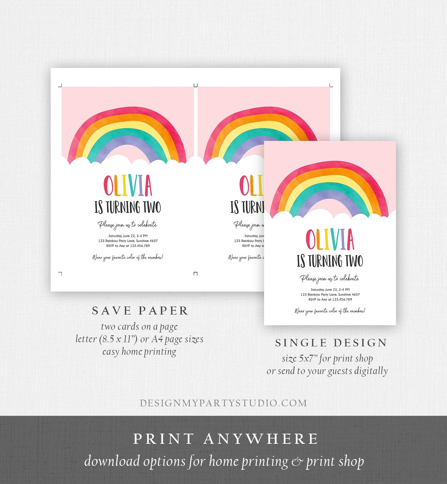 Editable Rainbow Birthday Invitation Boy Girl Neutral Clouds Pink Rainbow Fun Over the Rainbow Party Digital Corjl Template Printable 0272